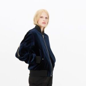 NWOT Sandro Ventura lux Navy Velvet Bomber Jacket, size 1 / small